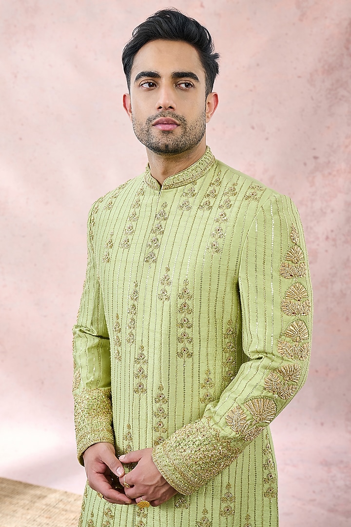 Mint Green Heavy Raw Silk Zardosi Embroidered Groom Sherwani Set by Masaba Men at Pernia's Pop Up Shop