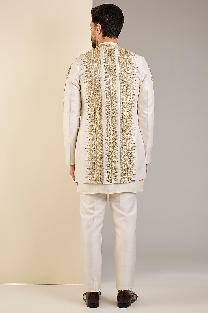 Ivory Raw Silk Embroidered Groom Indowestern Set by Masaba Men at Pernia's Pop Up Shop