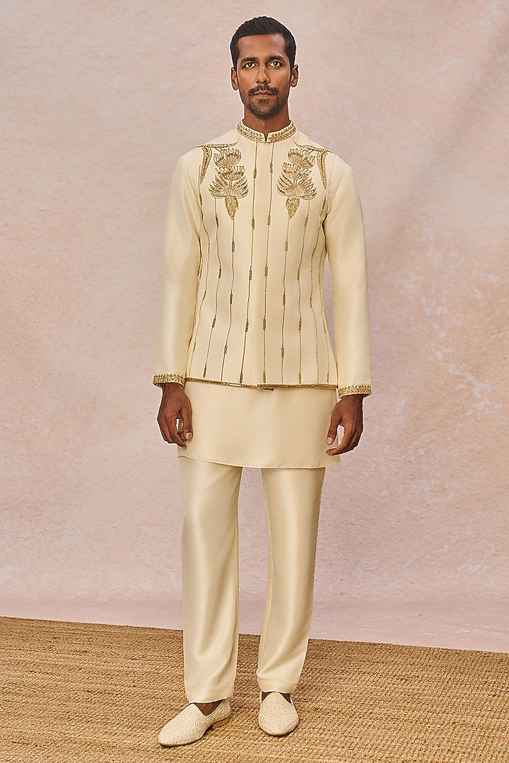 Ivory Dupion Silk Moti Work Bundi Jacket Set by Masaba Men at Pernia's Pop Up Shop