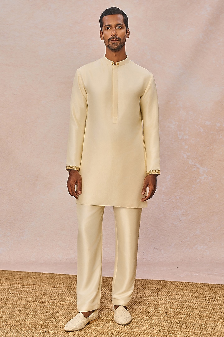 Ivory Dupion Silk Moti Work Bundi Jacket Set by Masaba Men at Pernia's Pop Up Shop