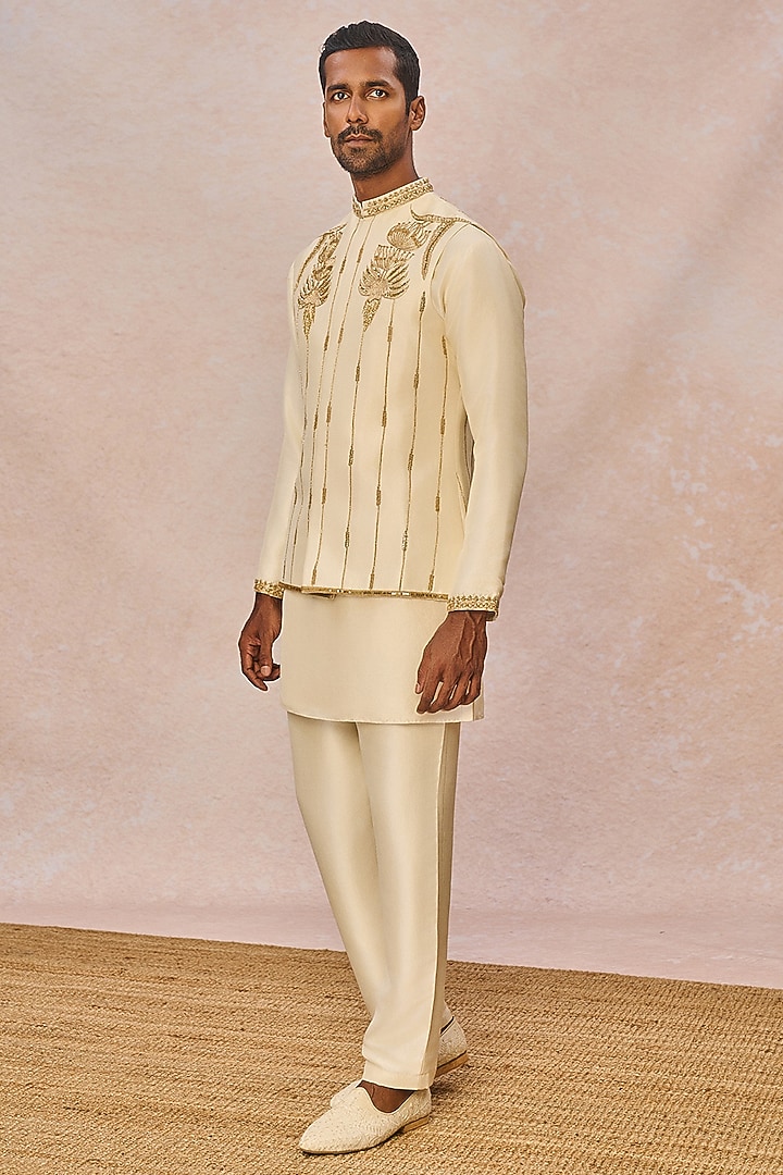 Ivory Dupion Silk Moti Work Bundi Jacket Set by Masaba Men at Pernia's Pop Up Shop
