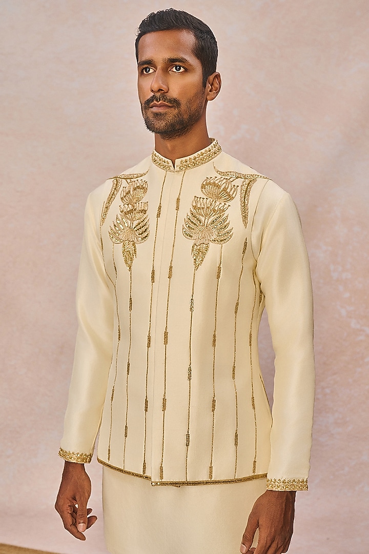 Ivory Dupion Silk Moti Work Bundi Jacket Set by Masaba Men at Pernia's Pop Up Shop