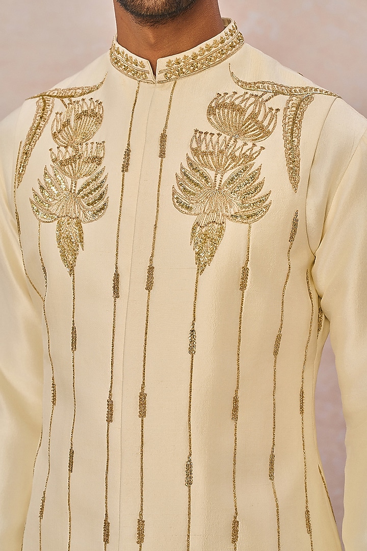 Ivory Dupion Silk Moti Work Bundi Jacket Set by Masaba Men at Pernia's Pop Up Shop