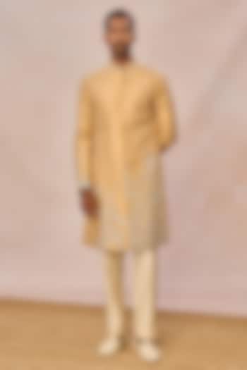 Gold Silk Tissue Hand Embroidered Groom Sherwani Set by Masaba Men at Pernia's Pop Up Shop