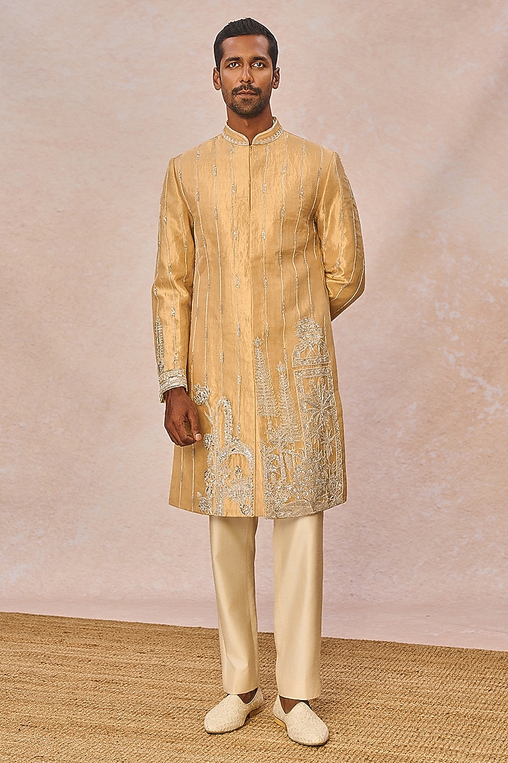 Gold Silk Tissue Hand Embroidered Groom Sherwani Set by Masaba Men at Pernia's Pop Up Shop