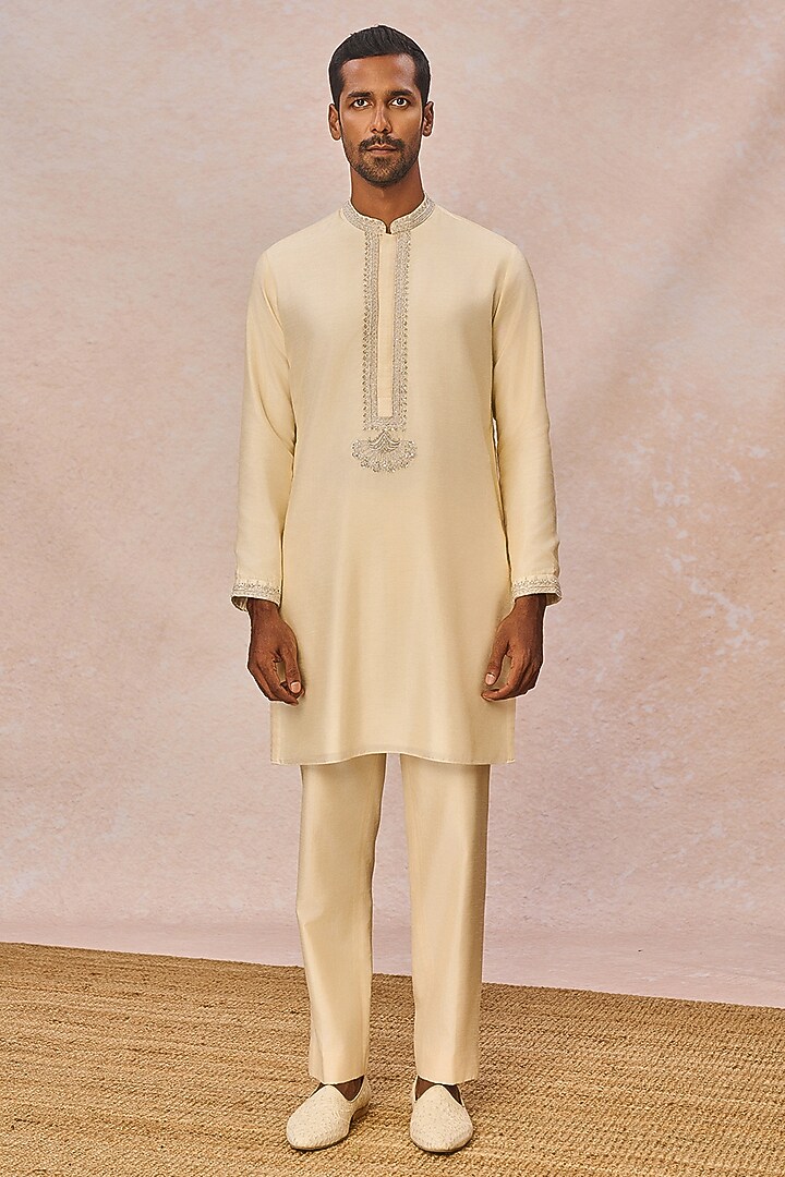 Gold Silk Tissue Hand Embroidered Groom Sherwani Set by Masaba Men at Pernia's Pop Up Shop