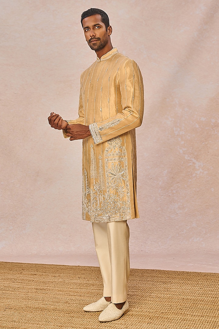Gold Silk Tissue Hand Embroidered Groom Sherwani Set by Masaba Men at Pernia's Pop Up Shop