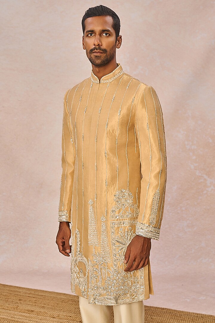Gold Silk Tissue Hand Embroidered Groom Sherwani Set by Masaba Men at Pernia's Pop Up Shop
