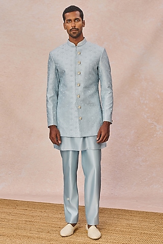 Blue Spun Silk Machine Embroidered Bandhgala Set by Masaba Men