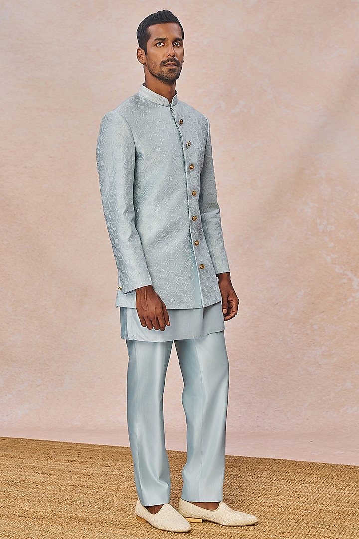 Blue Spun Silk Machine Embroidered Groom Bandhgala Set by Masaba Men at Pernia's Pop Up Shop