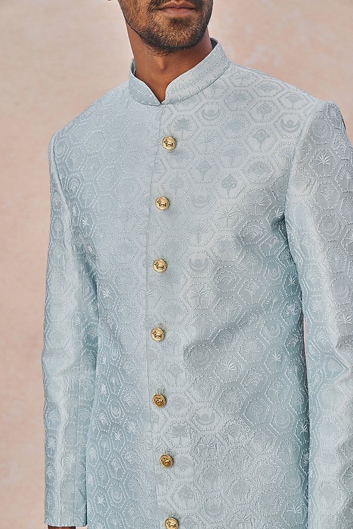 Blue Spun Silk Machine Embroidered Groom Bandhgala Set by Masaba Men at Pernia's Pop Up Shop