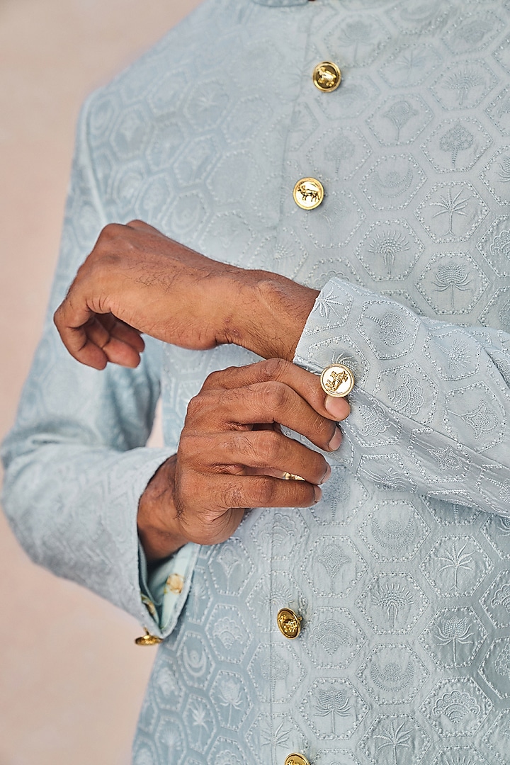 Blue Spun Silk Machine Embroidered Groom Bandhgala Set by Masaba Men at Pernia's Pop Up Shop