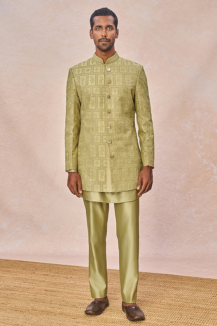 Mint Spun Silk Machine Embroidered Groom Bandhgala Set by Masaba Men at Pernia's Pop Up Shop