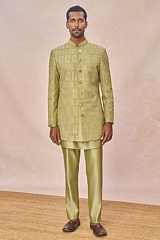 Mint Spun Silk Machine Embroidered Bandhgala Set by Masaba Men