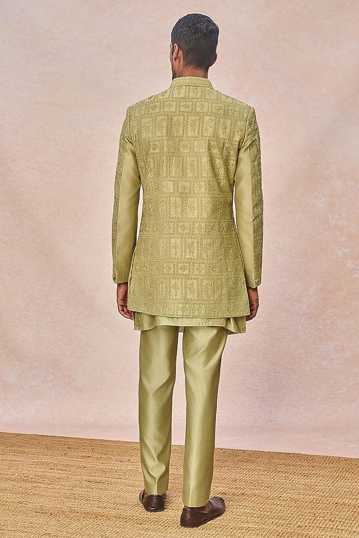 Mint Spun Silk Machine Embroidered Groom Bandhgala Set by Masaba Men at Pernia's Pop Up Shop