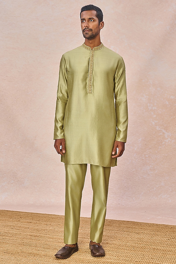 Mint Spun Silk Machine Embroidered Groom Bandhgala Set by Masaba Men at Pernia's Pop Up Shop