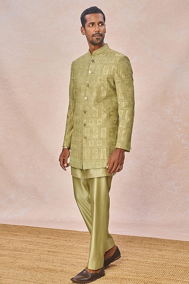 Mint Spun Silk Machine Embroidered Groom Bandhgala Set by Masaba Men at Pernia's Pop Up Shop