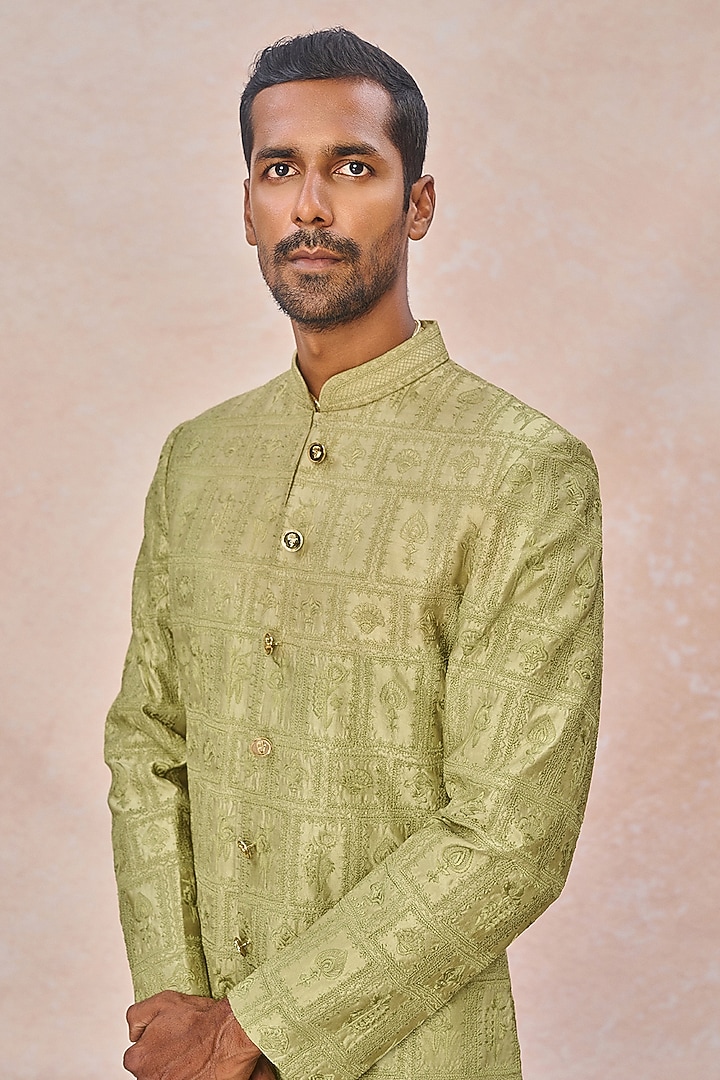 Mint Spun Silk Machine Embroidered Groom Bandhgala Set by Masaba Men at Pernia's Pop Up Shop