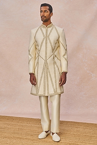 Ivory Raw Silk Cutdana Embroidered Sherwani Set by Masaba Men
