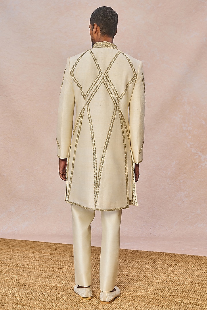 Ivory Raw Silk Cutdana Embroidered Groom Sherwani Set by Masaba Men at Pernia's Pop Up Shop