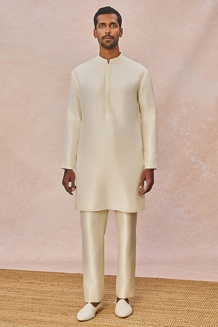 Ivory Raw Silk Cutdana Embroidered Groom Sherwani Set by Masaba Men at Pernia's Pop Up Shop