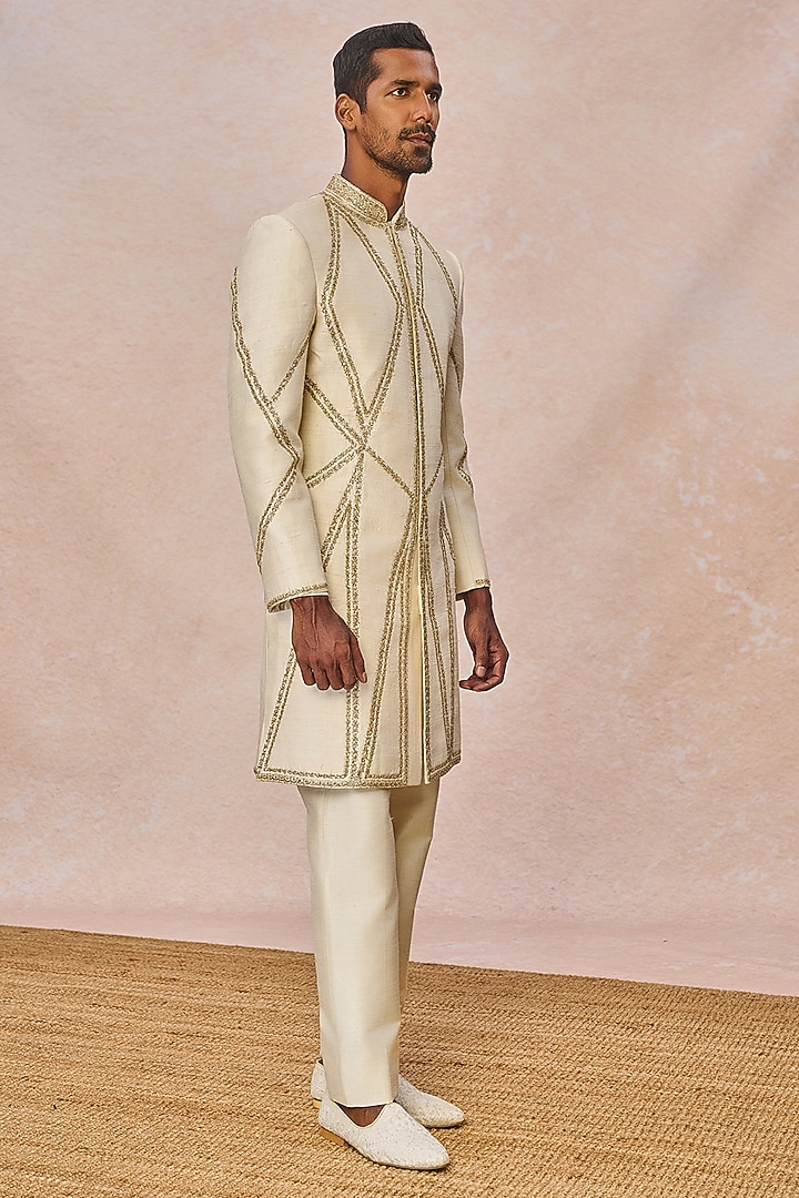 Ivory Raw Silk Cutdana Embroidered Groom Sherwani Set by Masaba Men at Pernia's Pop Up Shop