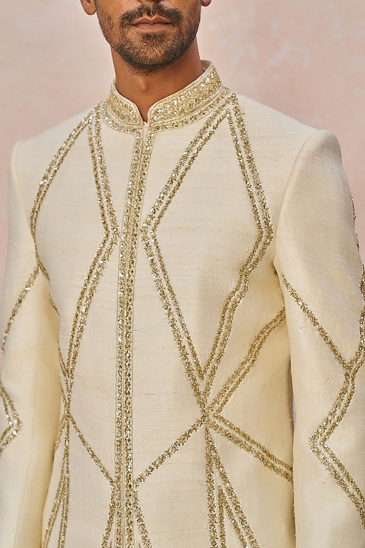 Ivory Raw Silk Cutdana Embroidered Groom Sherwani Set by Masaba Men at Pernia's Pop Up Shop