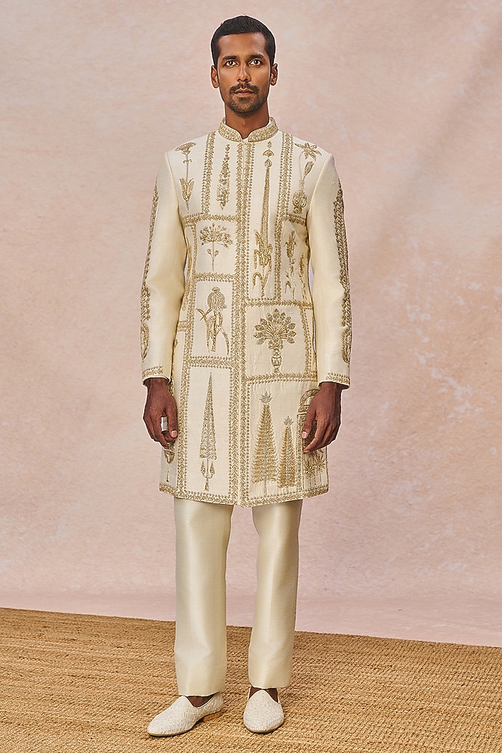 Ivory Raw Silk Cutdana Embroidered Groom Sherwani Set by Masaba Men at Pernia's Pop Up Shop