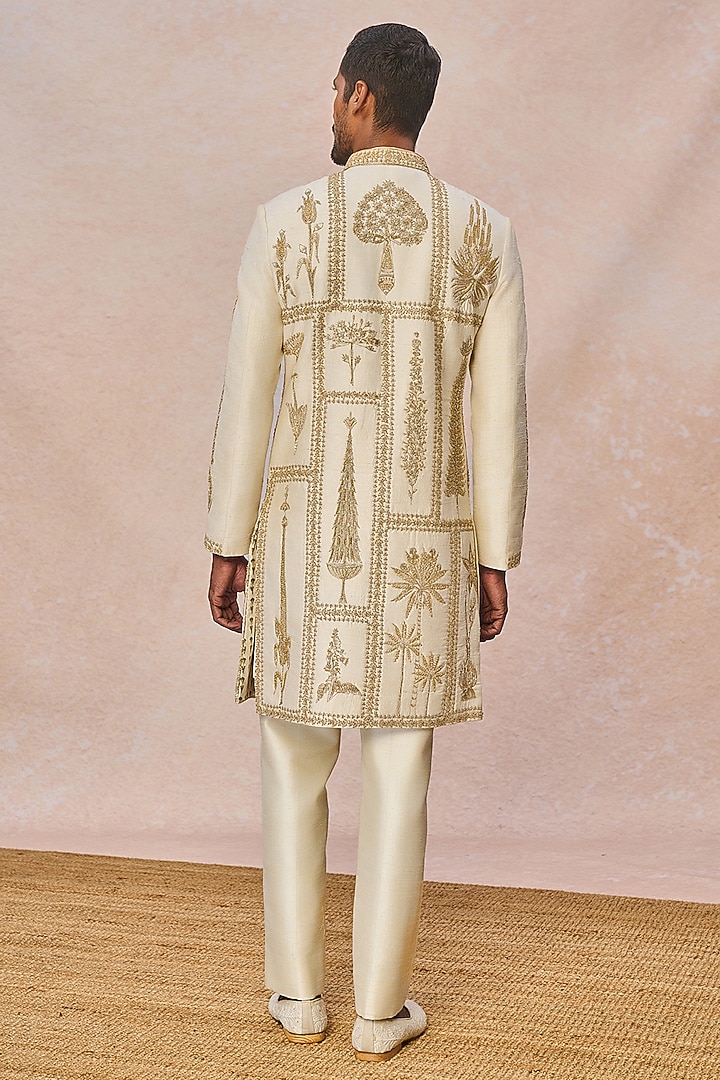 Ivory Raw Silk Cutdana Embroidered Groom Sherwani Set by Masaba Men at Pernia's Pop Up Shop