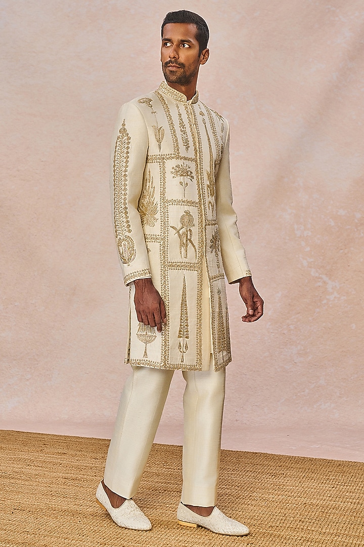 Ivory Raw Silk Cutdana Embroidered Groom Sherwani Set by Masaba Men at Pernia's Pop Up Shop