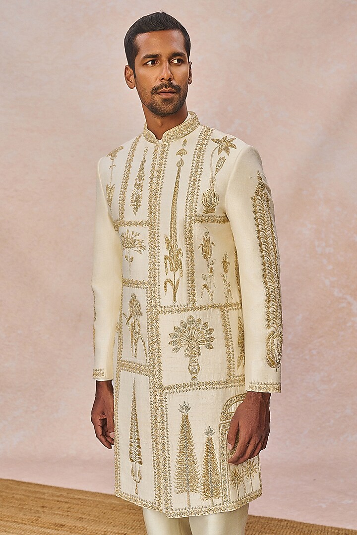 Ivory Raw Silk Cutdana Embroidered Groom Sherwani Set by Masaba Men at Pernia's Pop Up Shop