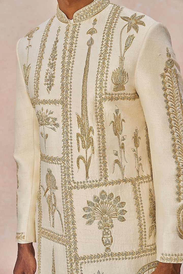 Ivory Raw Silk Cutdana Embroidered Groom Sherwani Set by Masaba Men at Pernia's Pop Up Shop
