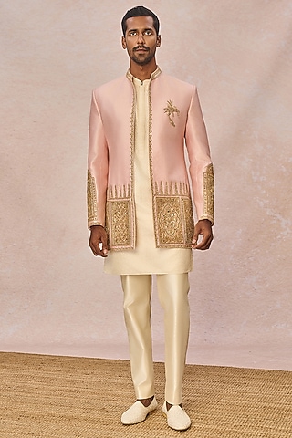 Pink Silk Embroidered Koti Set by Masaba Men