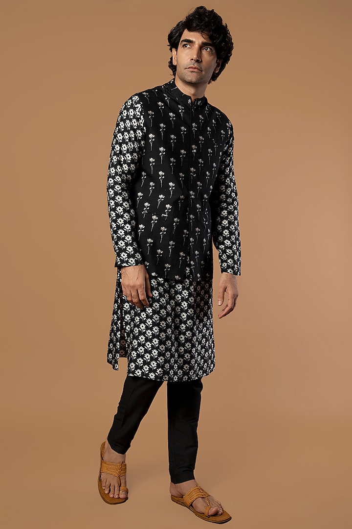 Black Raw Silk Bundi Jacket by Masaba Men