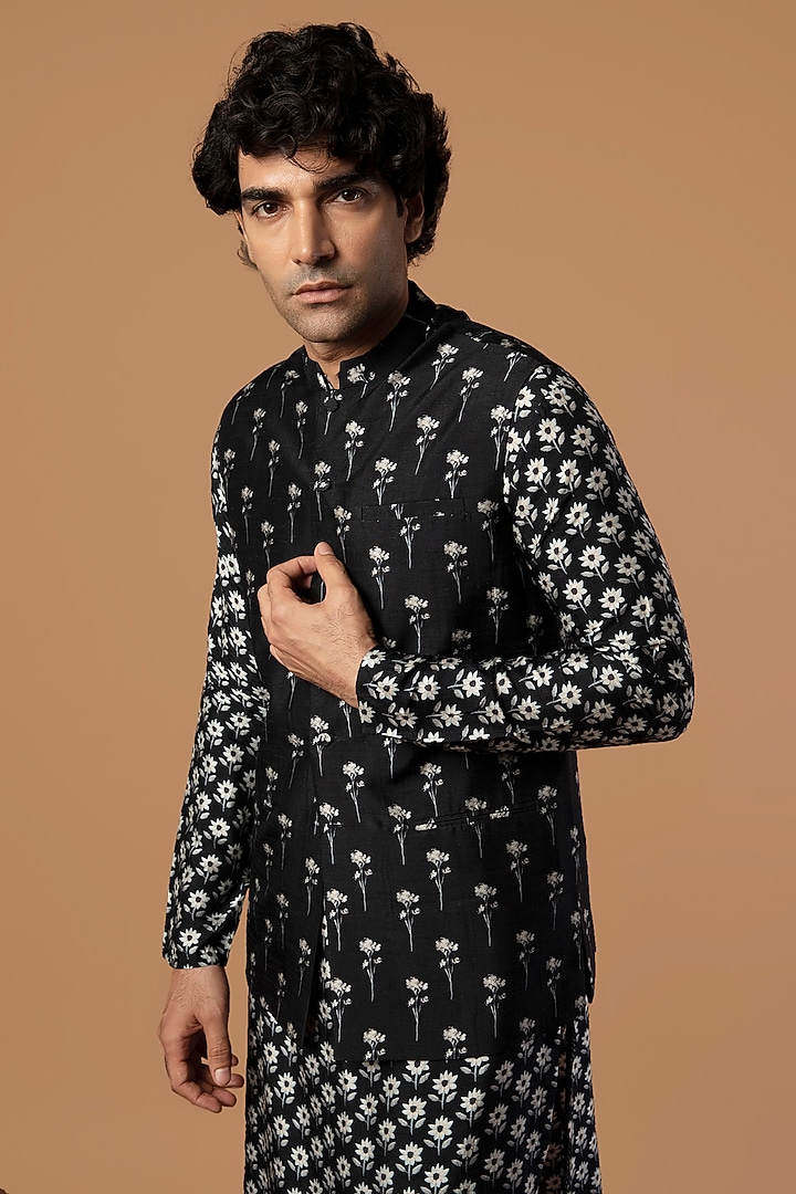 Black Raw Silk Bundi Jacket by Masaba Men at Pernia's Pop Up Shop