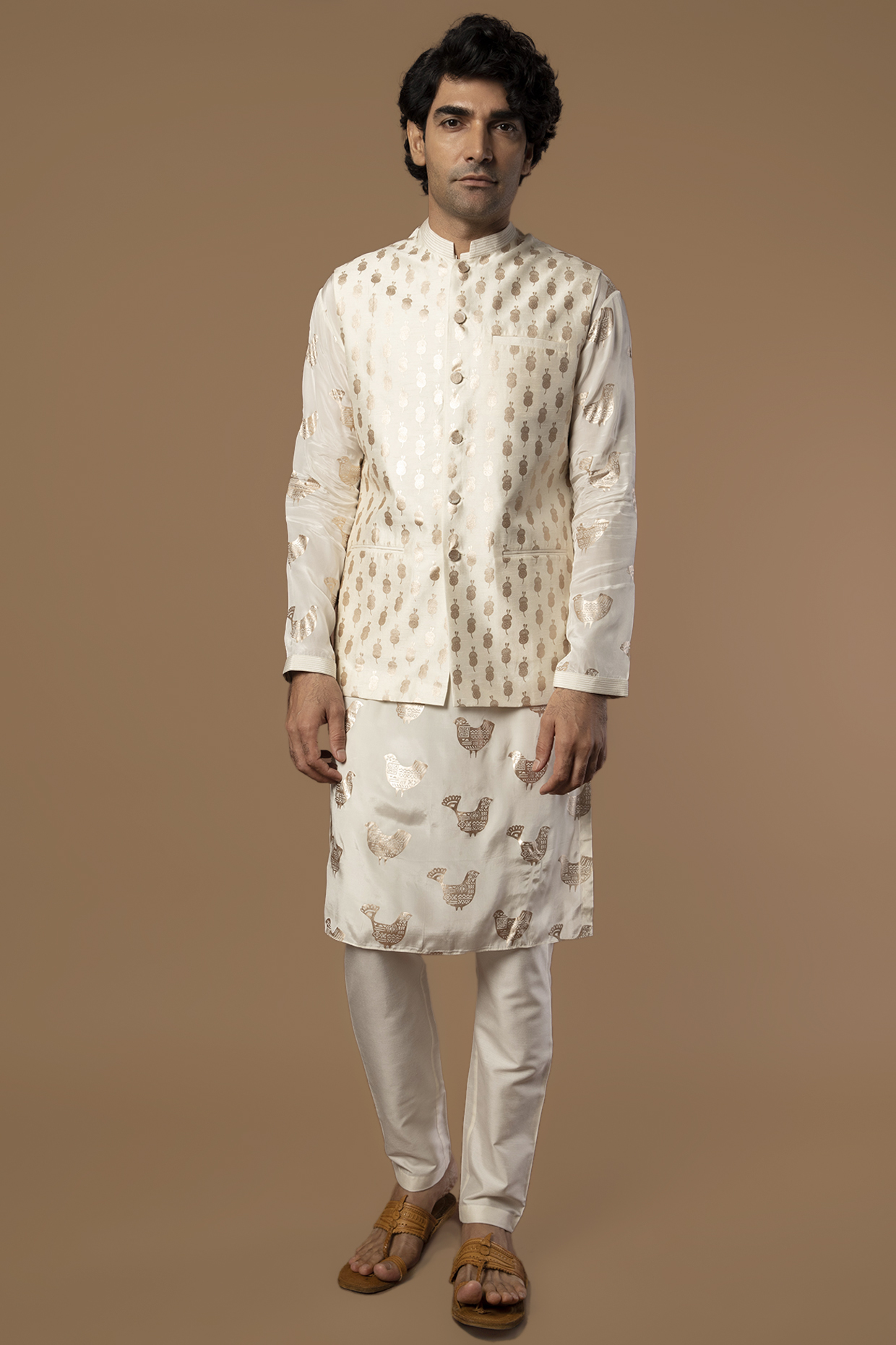 Ivory Crepe Kurta Set With Bundi Jacket by Masaba Men