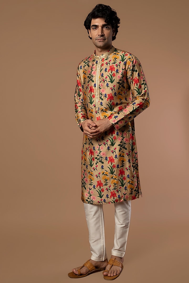 Oatmeal Raw Silk Kurta by Masaba Men