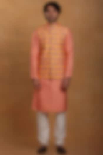 Rose Pink Raw Silk Printed & Embellished Bundi Jacket by Masaba Men