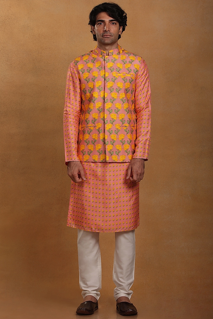 Rose Pink Raw Silk Printed & Embellished Bundi Jacket by Masaba Men