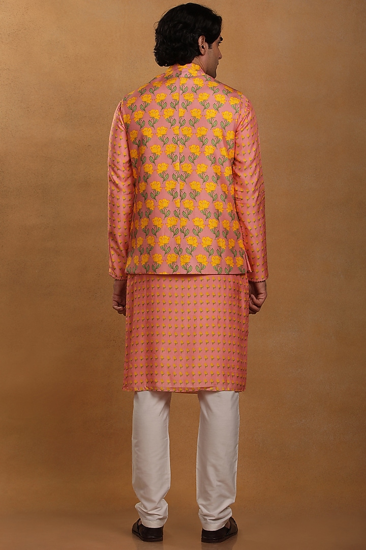Rose Pink Raw Silk Printed & Embellished Bundi Jacket by Masaba Men at Pernia's Pop Up Shop