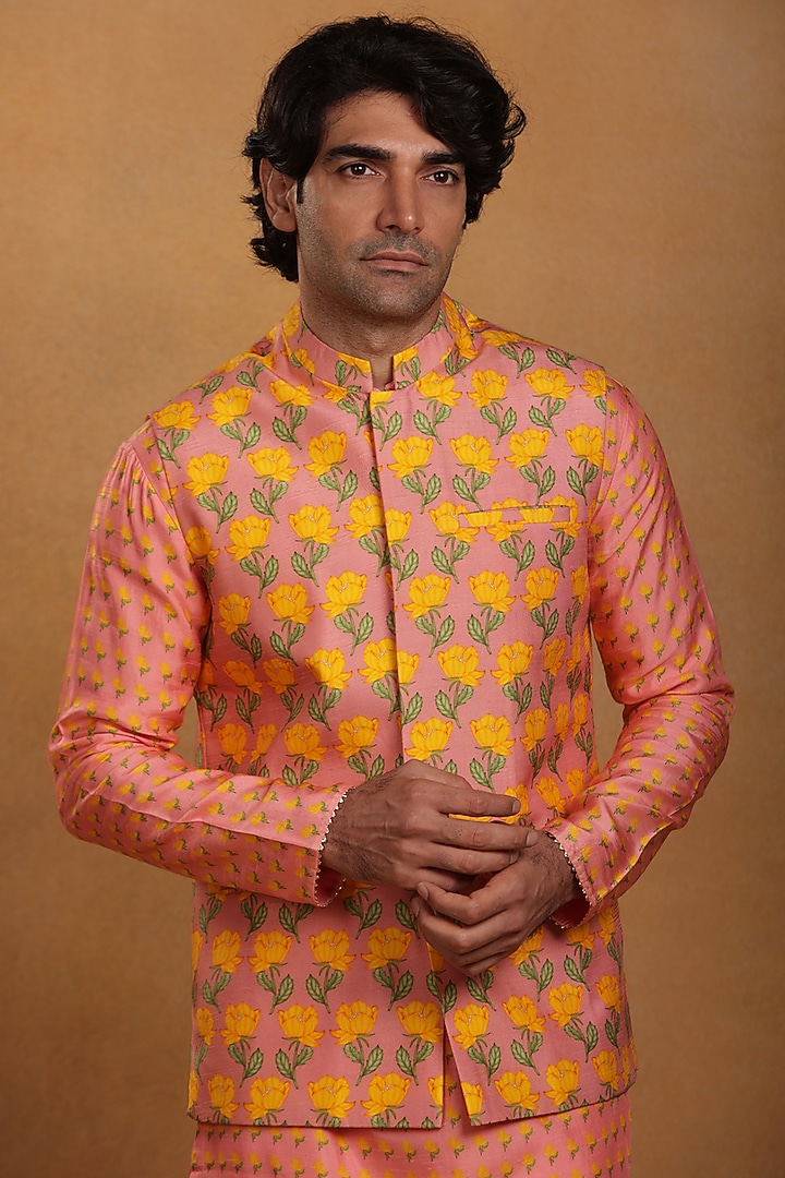 Rose Pink Raw Silk Printed & Embellished Bundi Jacket by Masaba Men at Pernia's Pop Up Shop