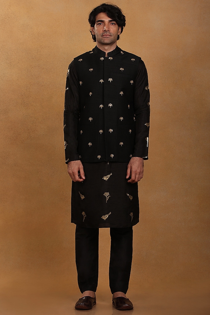 Black Embroidered Bundi Jacket With Printed Kurta Set by Masaba Men