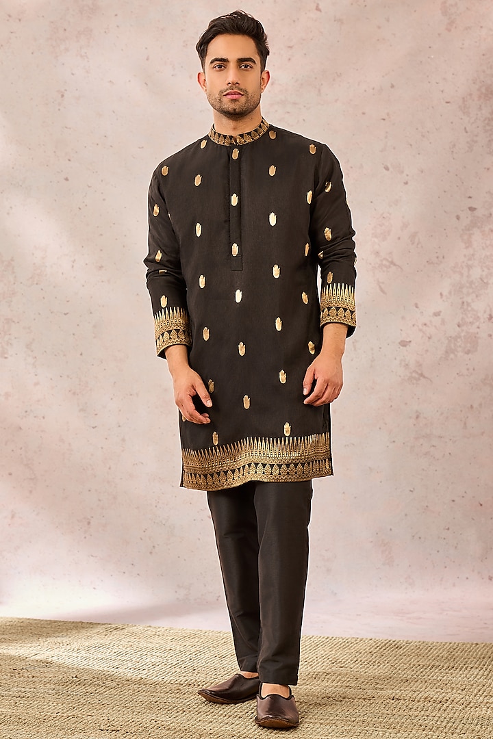 Black Jacquard Silk Embroidered Kurta by Masaba Men