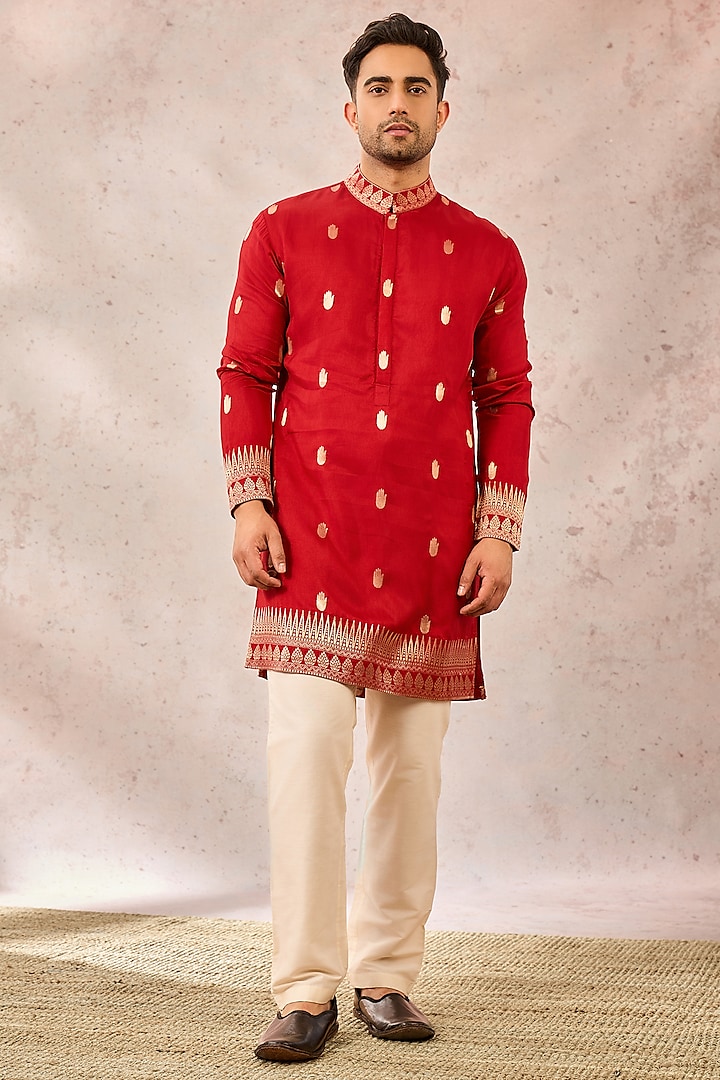 Red Jacquard Silk Embroidered Kurta by Masaba Men 