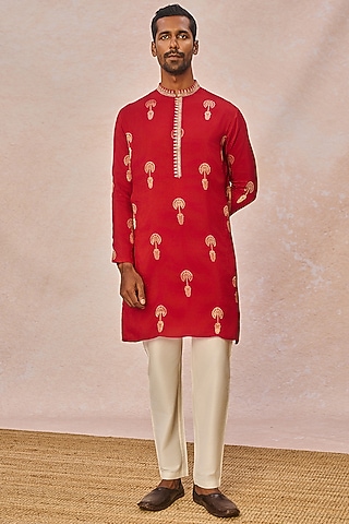 Red Raw Silk Foil Printed Kurta Set by Masaba Men