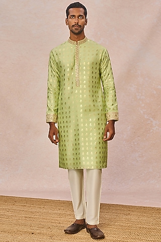 Lime Green Raw Silk Kurta Set by Masaba Men