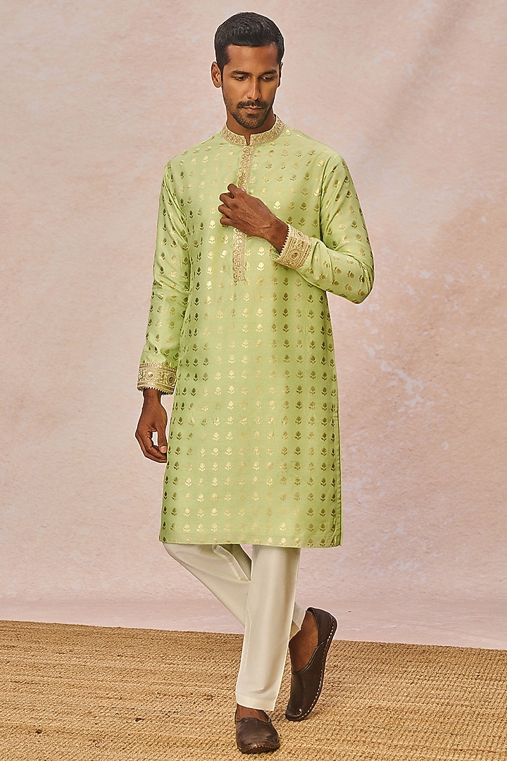 Lime Green Raw Silk Kurta Set by Masaba Men at Pernia's Pop Up Shop
