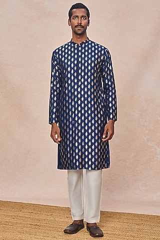 Navy Blue Raw Silk Foil Printed Kurta Set by Masaba Men