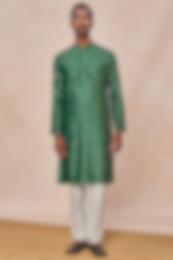 Green Raw Silk Foil Printed Kurta Set by Masaba Men at Pernia's Pop Up Shop
