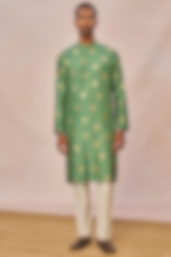 Sage Green Raw Silk Foil Printed Kurta Set by Masaba Men at Pernia's Pop Up Shop